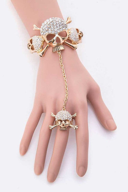 Kristall Totenkopf Armreif Ring Set Vergoldet Gothic Schmuck