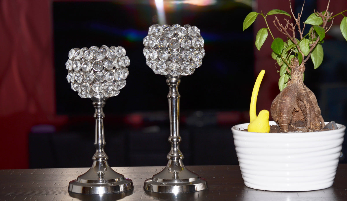 Vibhsa Hurricane Crystal Candle Holders | Set of 2, 8" & 10", Silver Nickel Finish