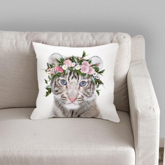 Cute Baby Animals Pattern Pillow Case Cotton Linen Cushion Cover for Home Sofa Pillow Covers, Cushion Covers Tiger Bunny Rabbit Horse Sheep Bear With Head Flowers Decorative Velvet Pillow Covers 45X45CM