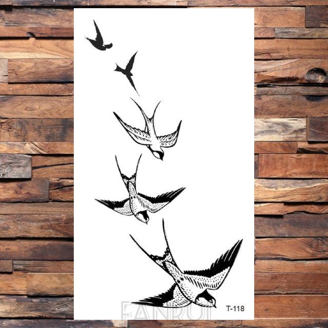 Cute Black Birds Temporary Waterproof Stickers Tattoo Flower Body Elegant Bird Butterfly Style For Womens