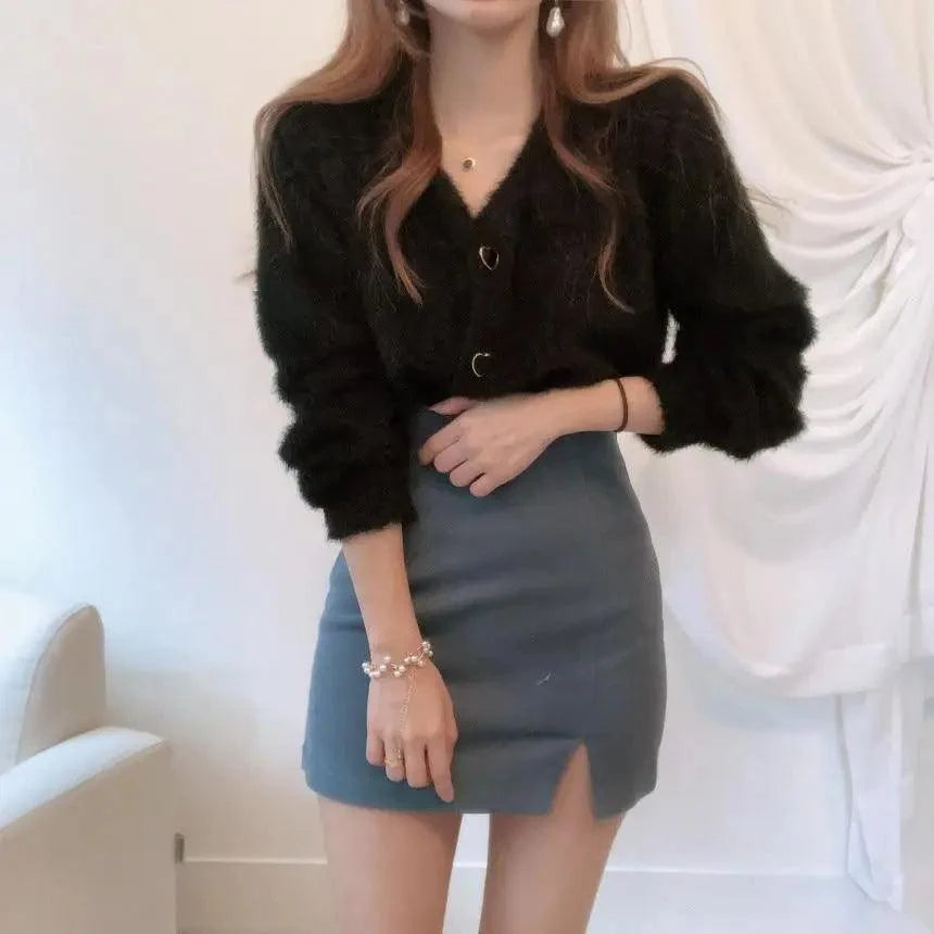 Cute Kitty Chic Fashionable V-Neck Single Breasted Mink Short Knitted Sweaters Outerwear For Women Autumn Long Sleeve Sweater Coat