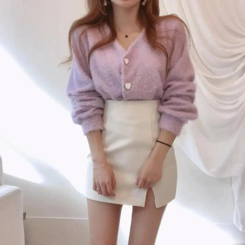 Cute Kitty Chic Fashionable V-Neck Single Breasted Mink Short Knitted Sweaters Outerwear For Women Autumn Long Sleeve Sweater Coat