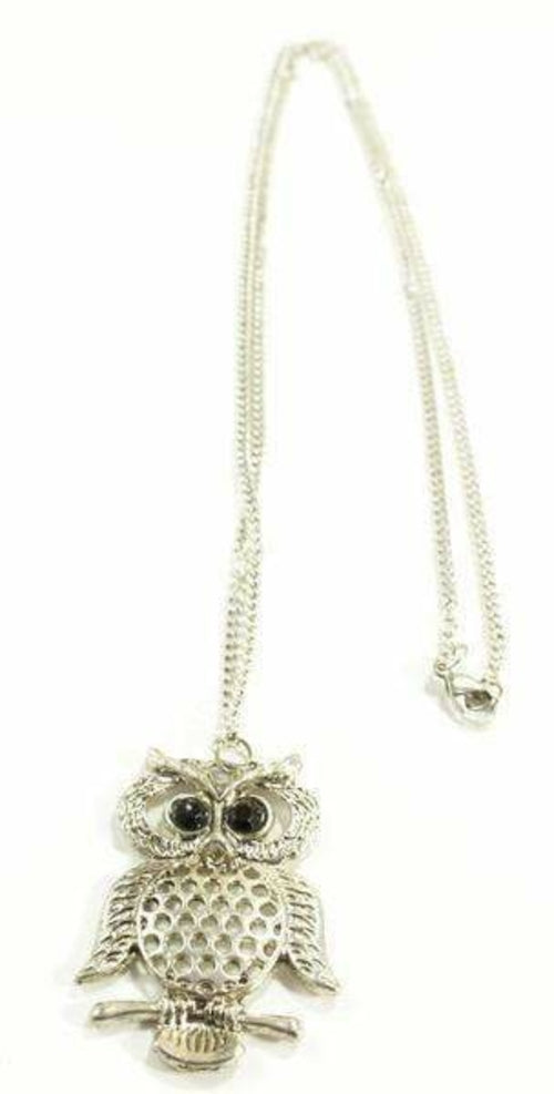 Cute Owl Pendant Necklace Silver Tone Long Chain Vintage