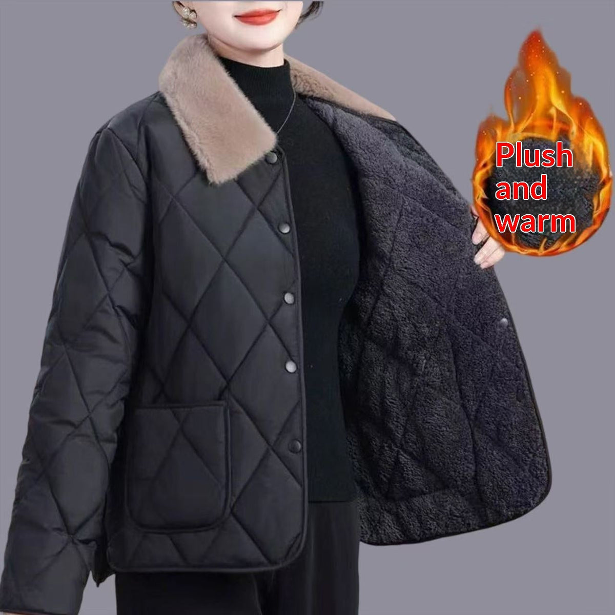 Womens Mid Length Cotton Coat With A Fur Collar
