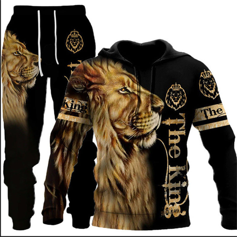 Animal-print Hooded Pullover Sweatshirt And Menswomens Sportswear Set
