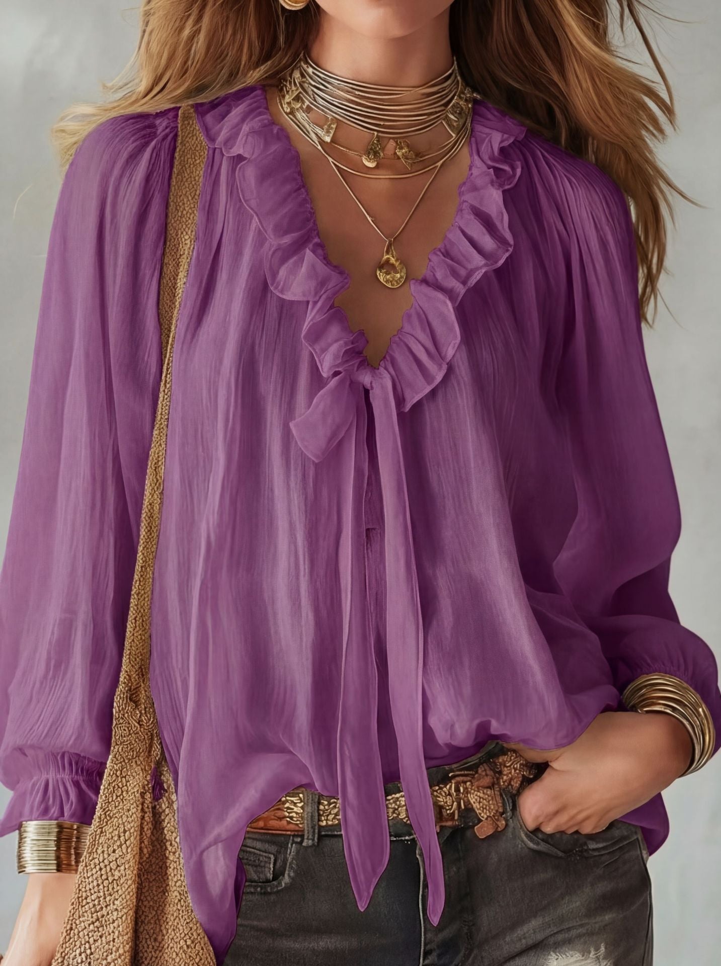Casual Loose Fashion Ruffle Tie V-neck Shirt Top