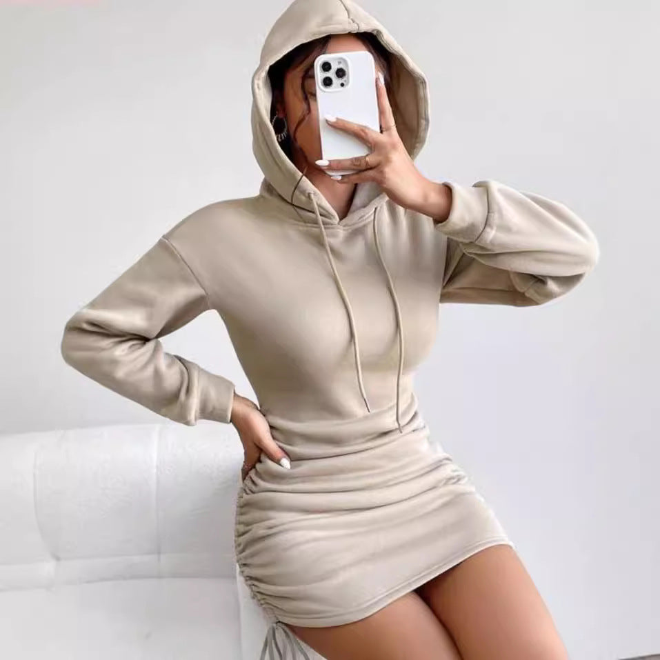 Women's Hooded Ruched Drawstring Mini Dress