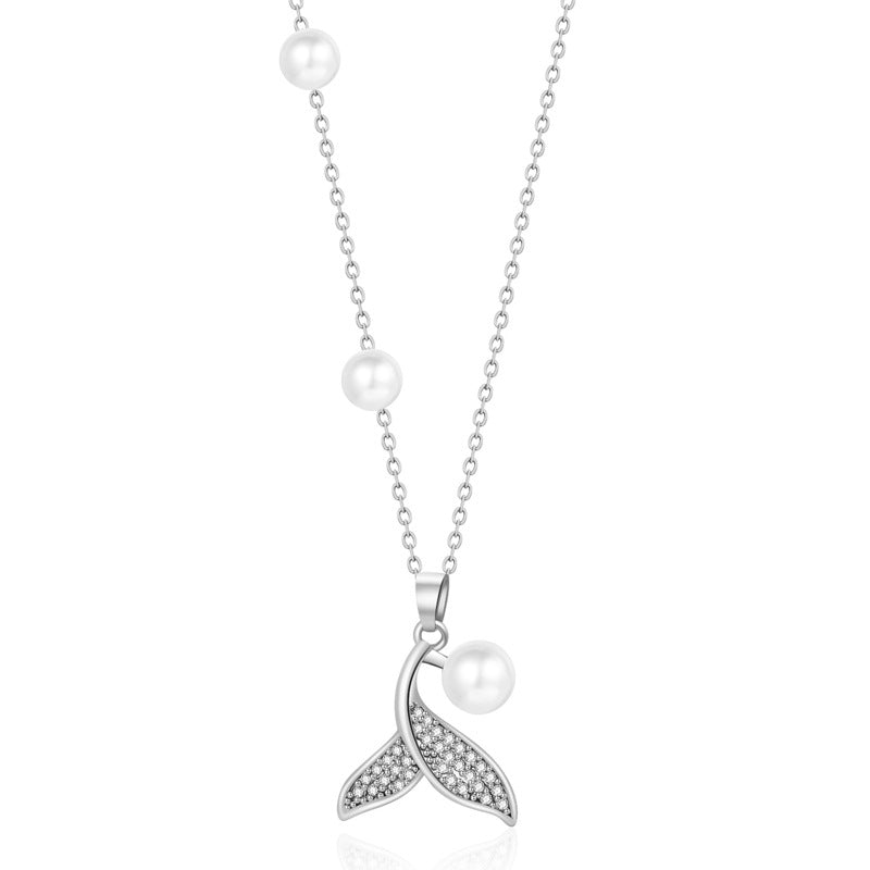 Dainty Mermaid Tail Pearl Necklace For Women, Shell Inlay Adjustable Collarbone Chain, Elegant Long Sweater Chain Ocean Fashion Jewelry
