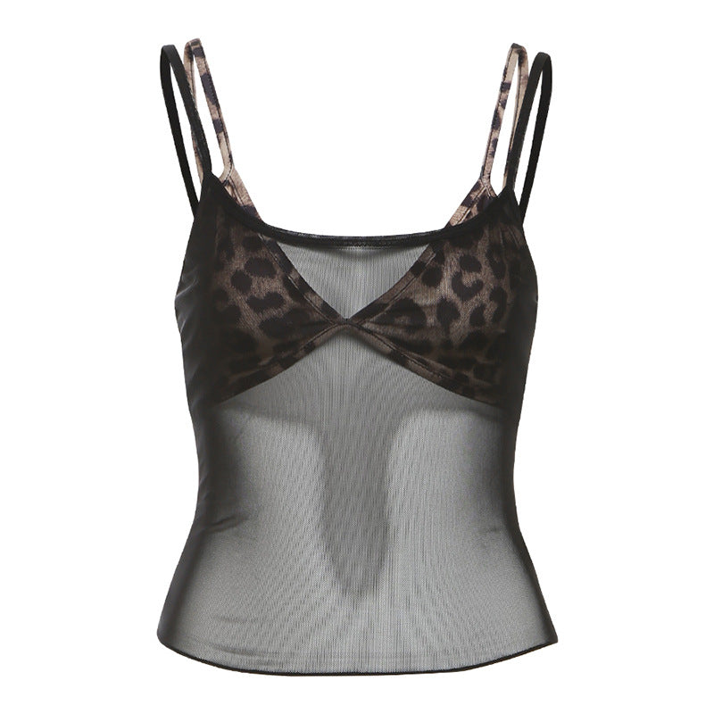 New Womens Sheer Mesh Camisole With Leopard-print Thin Shoulder Straps