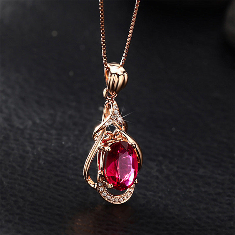 Women's Korean-style Red Tourmaline Colored Gemstone Pendant Necklace