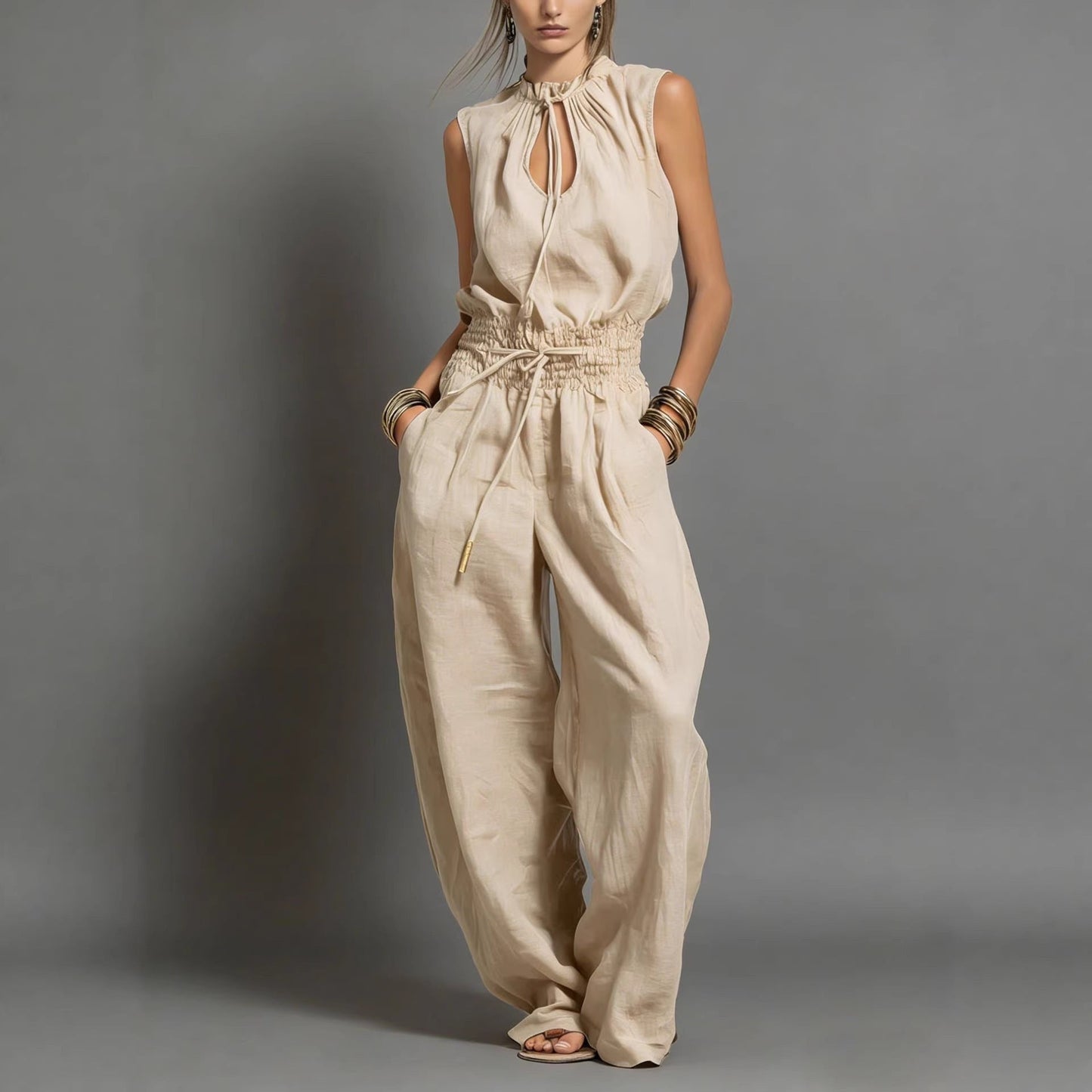 Women's Sleeveless High-Waist Wide-Leg Pleated Jumpsuit