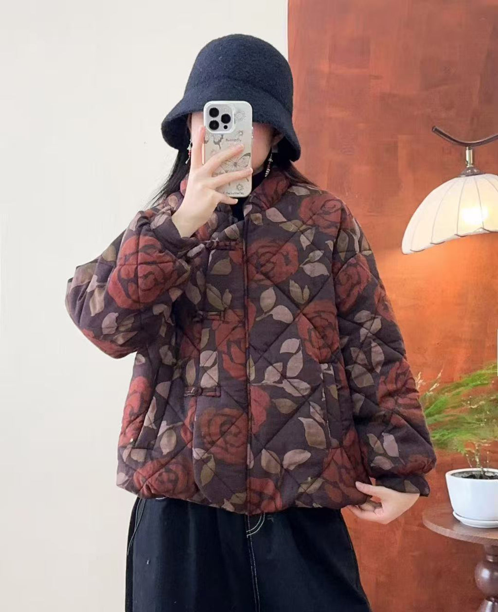 Womens Cotton-Polyester Printed Stand-Collar Coat