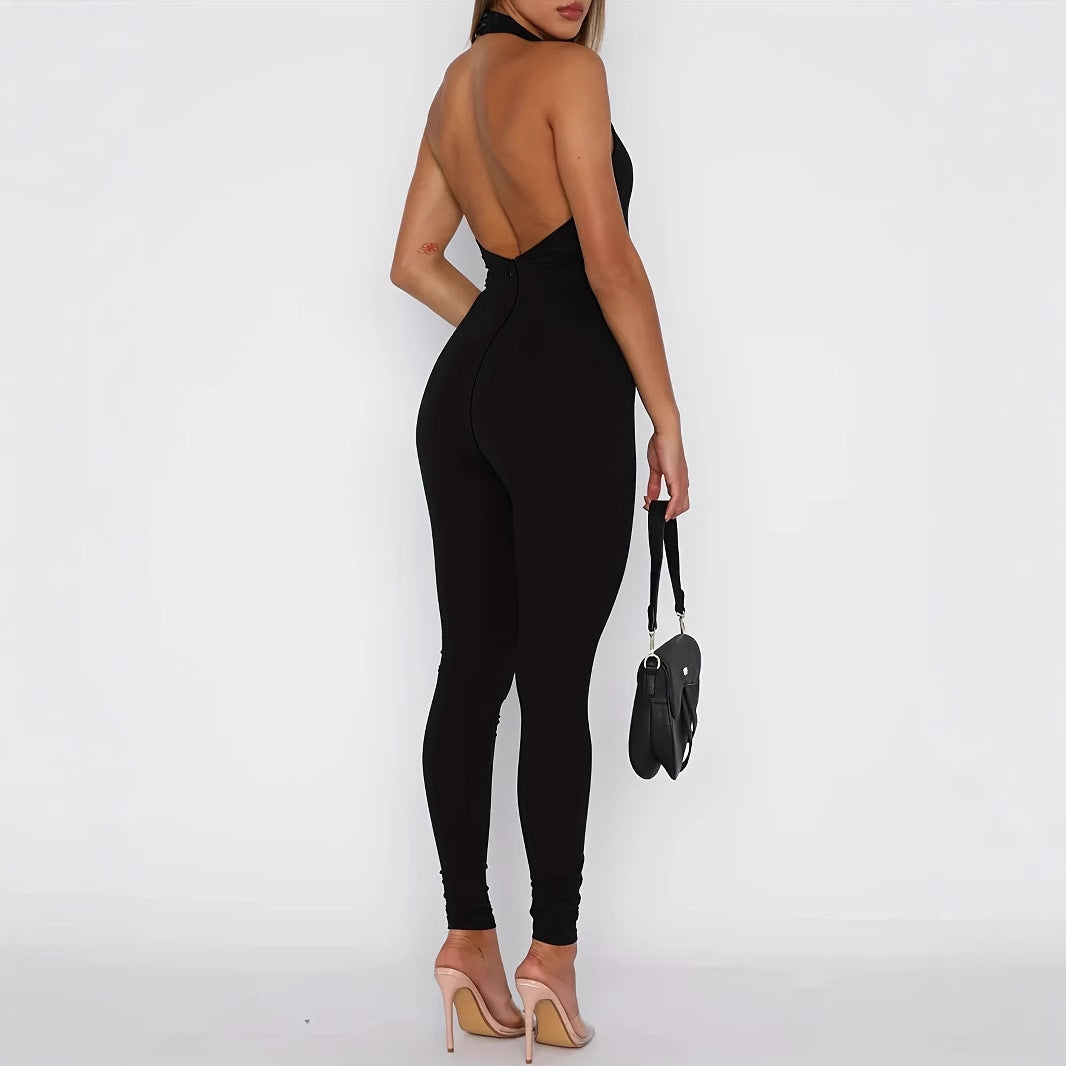 Women's Pure Color Halter Backless Sexy Slim-fit Jumpsuit Trousers