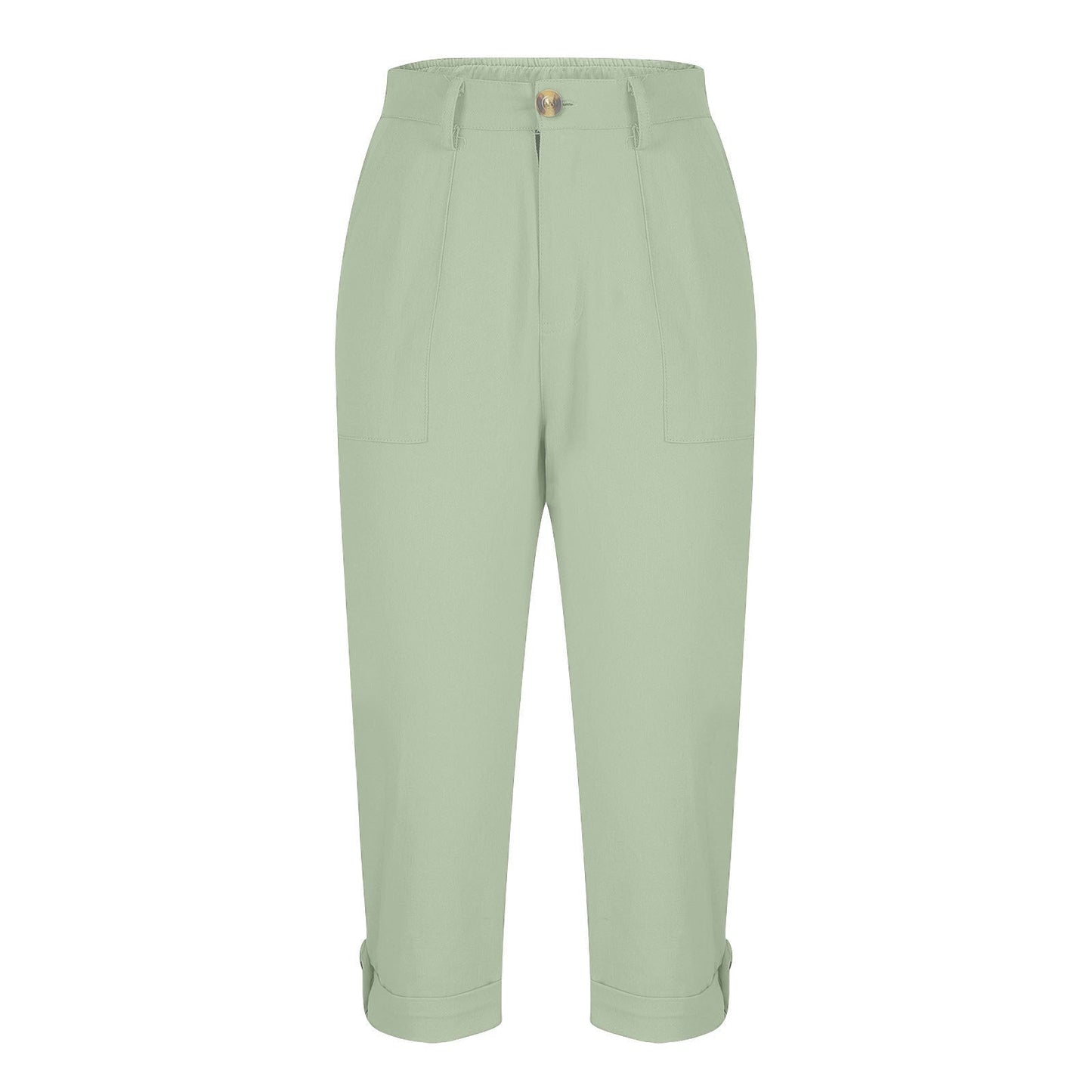 Cross-border Women's Solid Color Workwear Pants Waist Button Pants Ear Design Pants Leg Curled Women's Cropped Pants