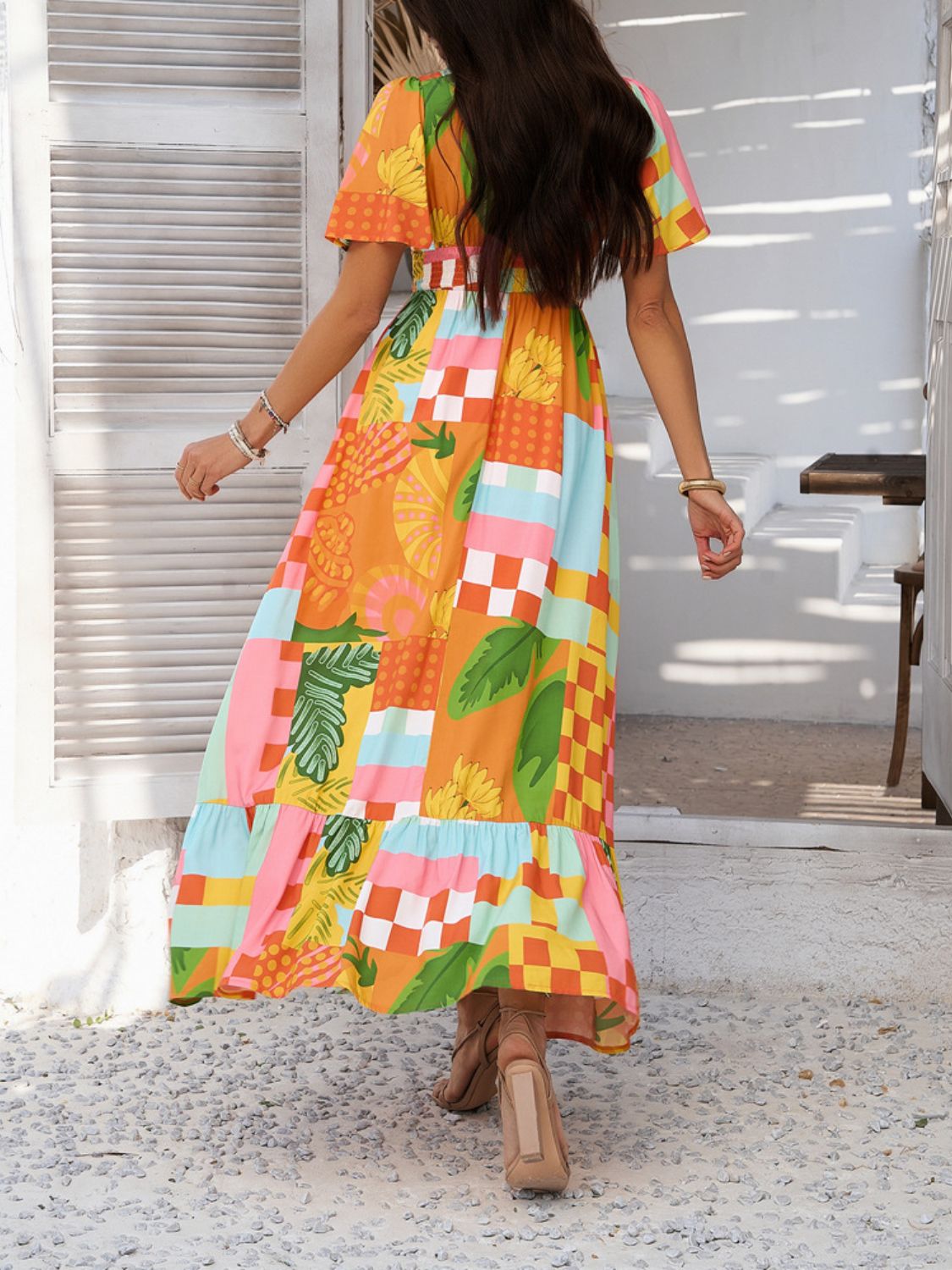 Elegant Printed V-Neck Short Sleeve Maxi Dress Beautiful Casual Women Long Dress