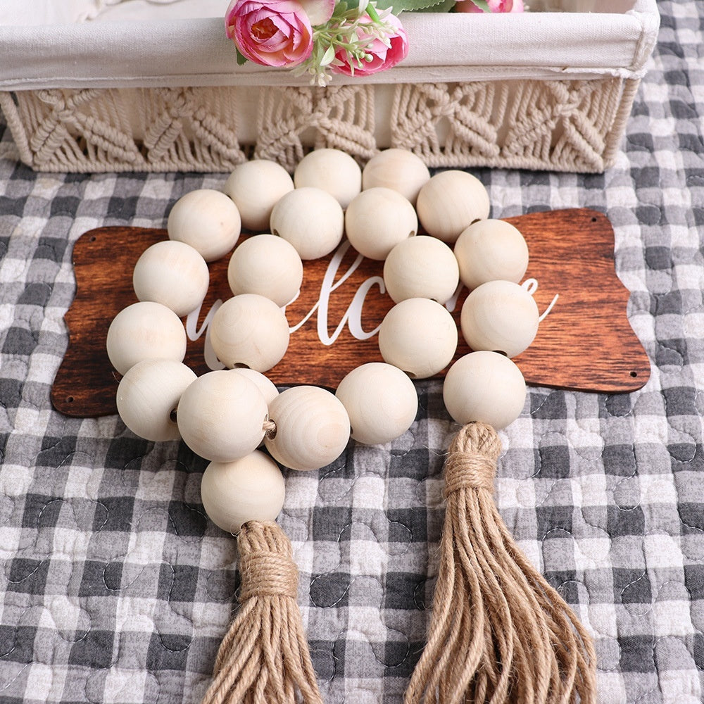 18-bead Large-size Bead Necklace With Hemp Rope Tassels And Wooden Beads