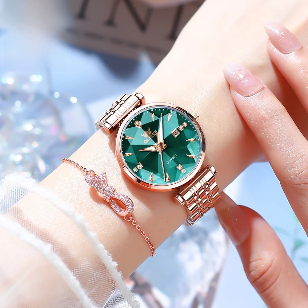 Damen-Edelstahl-Uhr Roségold Blaues Zifferblatt Zirkon