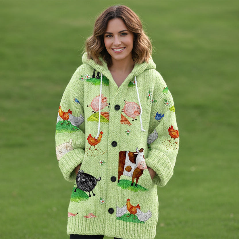Women’s Floral Cardigan – Retro Hooded Loose Knit Top