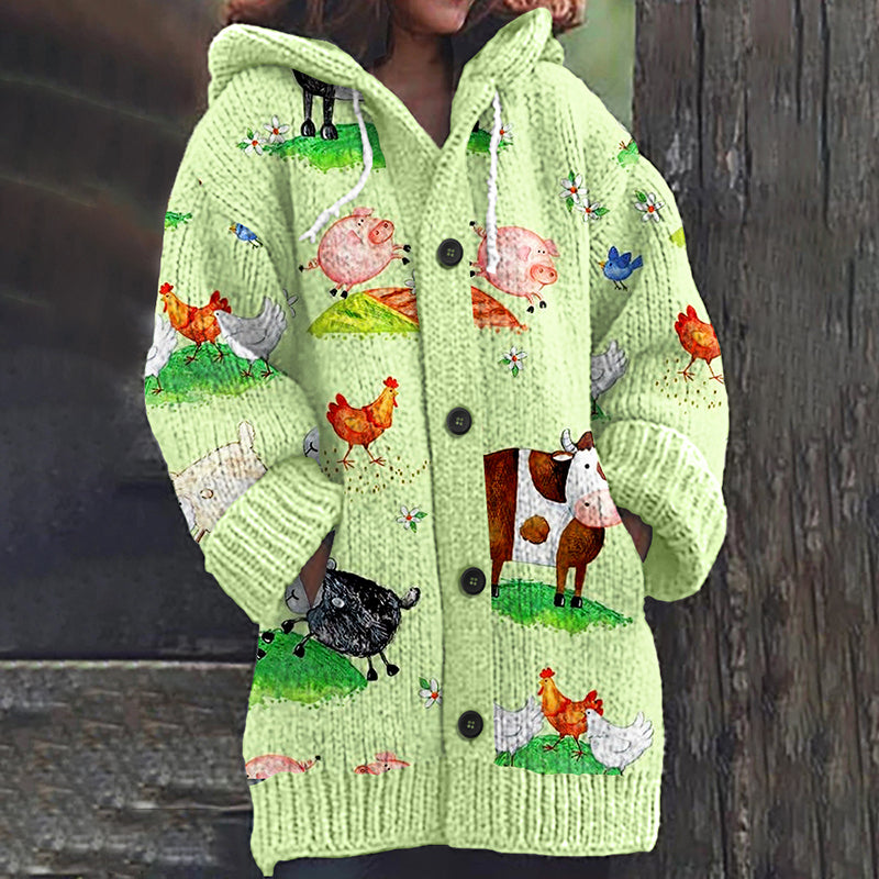 Women’s Floral Cardigan – Retro Hooded Loose Knit Top