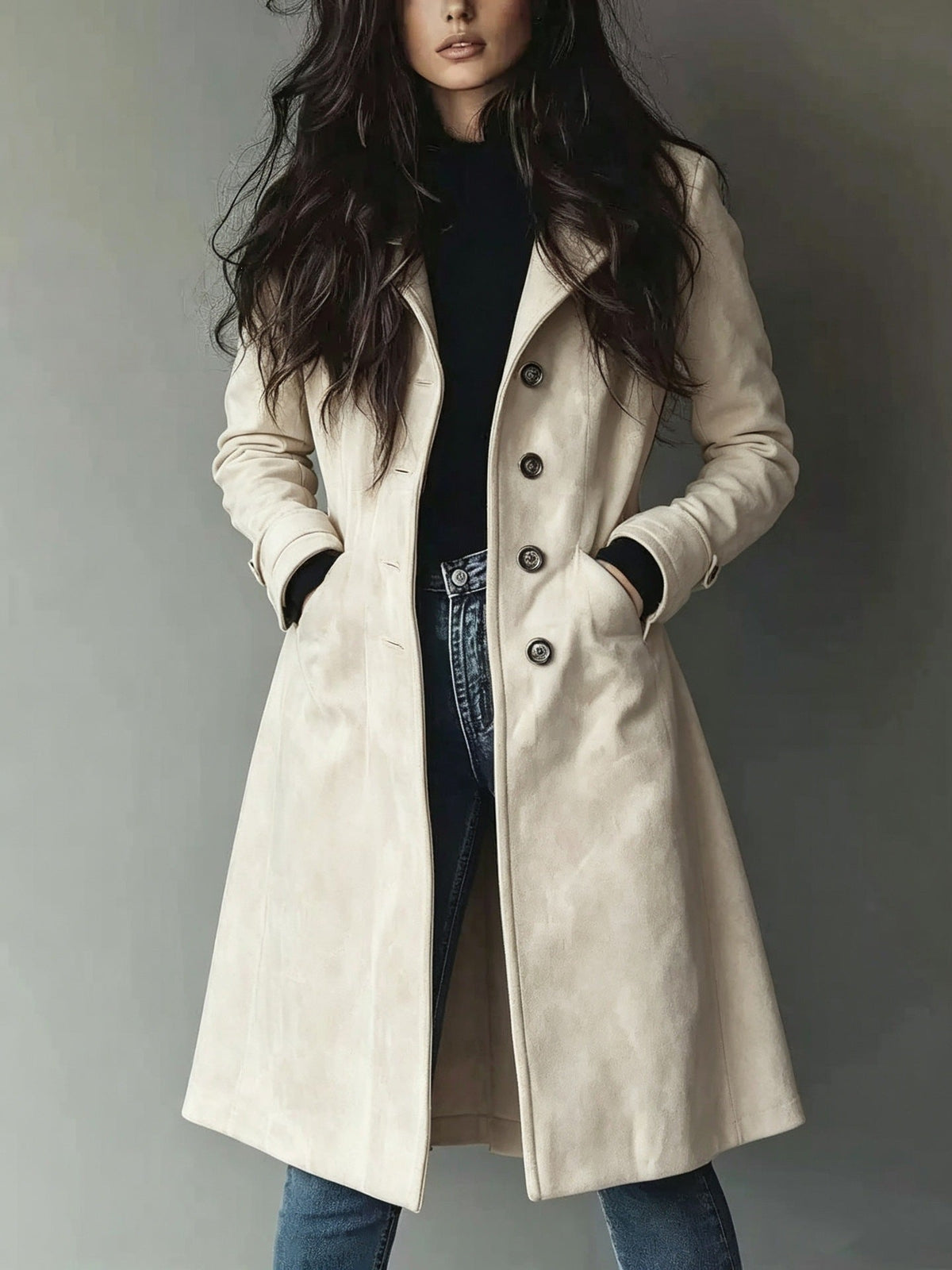 High Quality European American Style Women's Fall Winter Lapel Suede Mid-Length Trench Coat