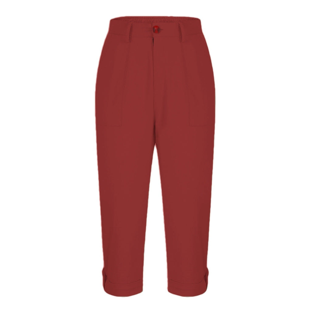 Cross-border Women's Solid Color Workwear Pants Waist Button Pants Ear Design Pants Leg Curled Women's Cropped Pants