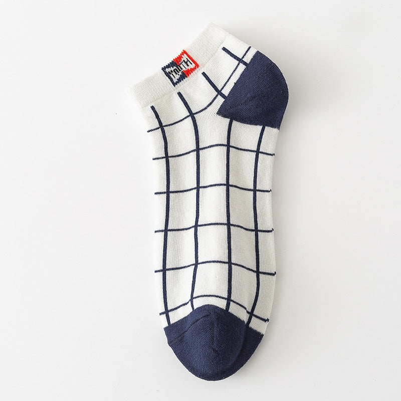 Mens Cotton Socks Plaid Pattern Low-cut All-season