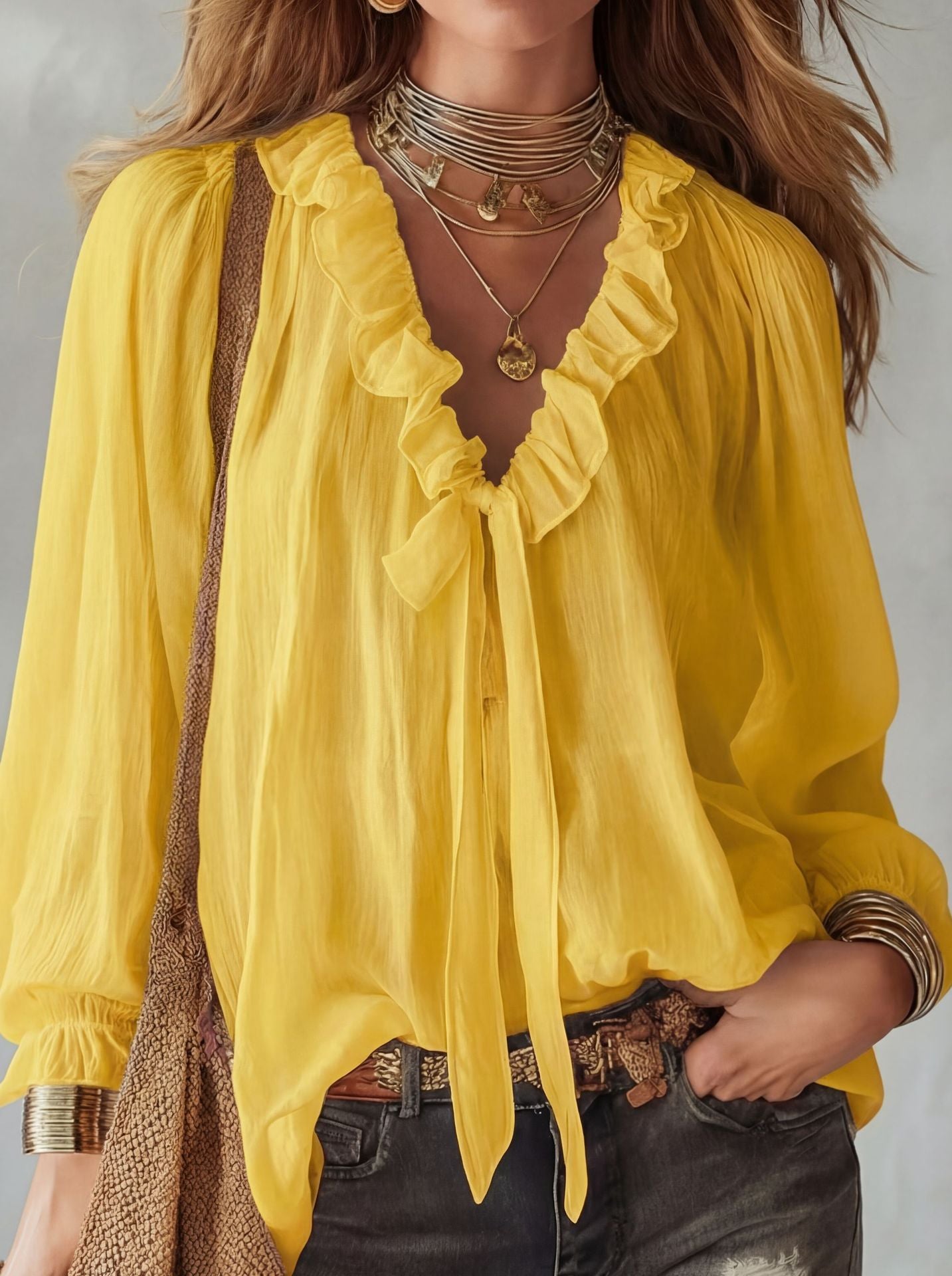 Casual Loose Fashion Ruffle Tie V-neck Shirt Top