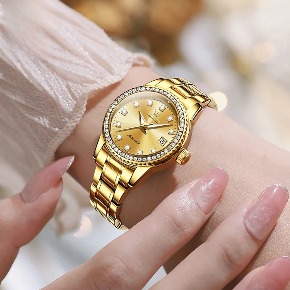 Damen-Automatikuhr mit Diamantzifferblatt aus Edelstahl