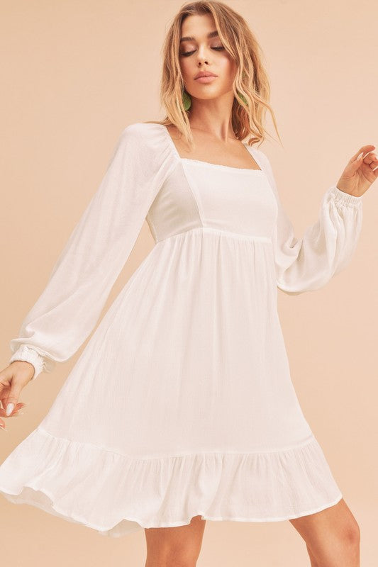 Ruffled Hem Square Neck Balloon Sleeve Mini Dress – Trendy, Feminine & Fashion-Forward Dress for Stylish Occasions