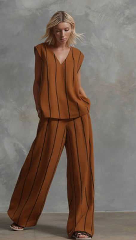 Women’s Sleeveless Striped Top and Full-Length Pants Set