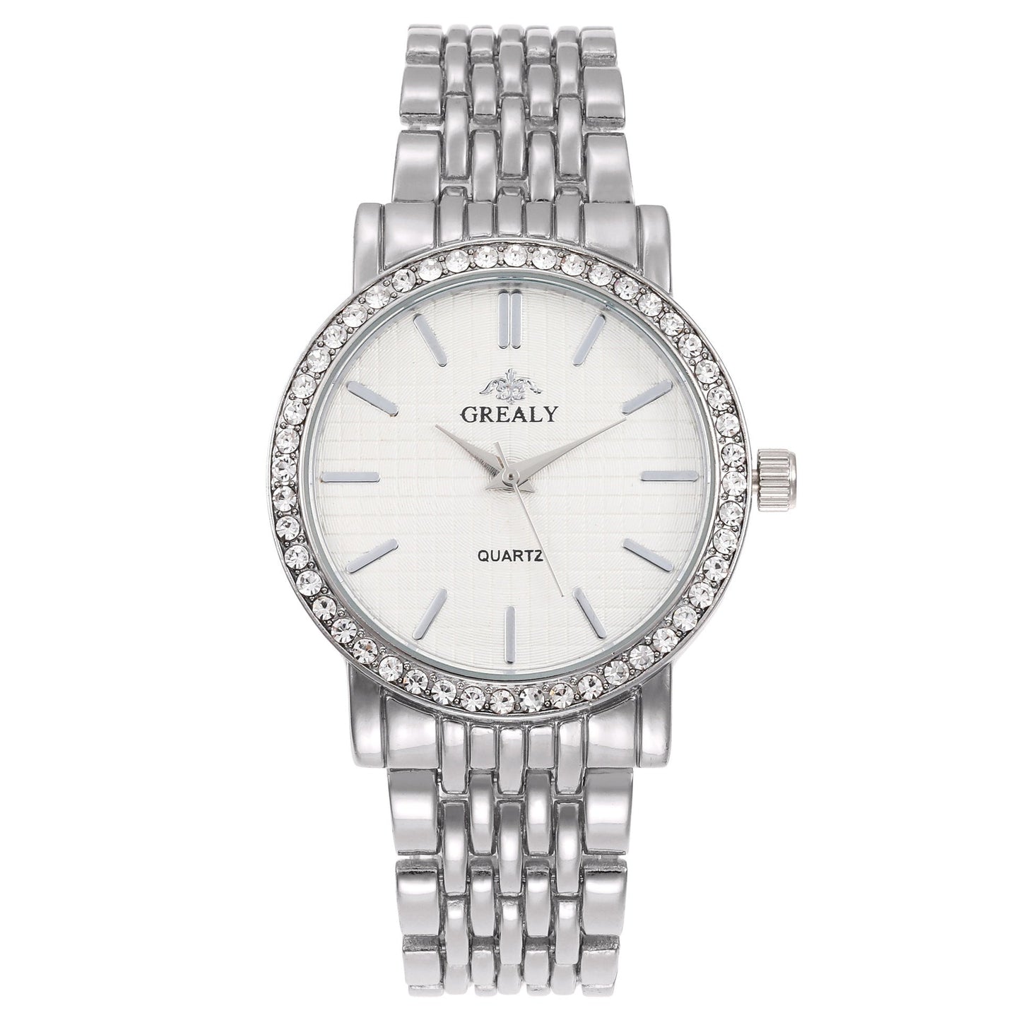 Simple Casual Quartz Watch with Steel Strap and Diamond Detailing