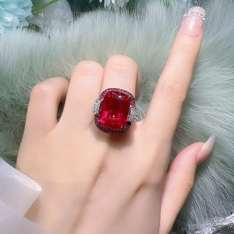Cushion Emerald & Fuchsia Tone Simulated Zirconia Two Tone Pave Statement Ring Silver Tone Women Party Finger Ornaments