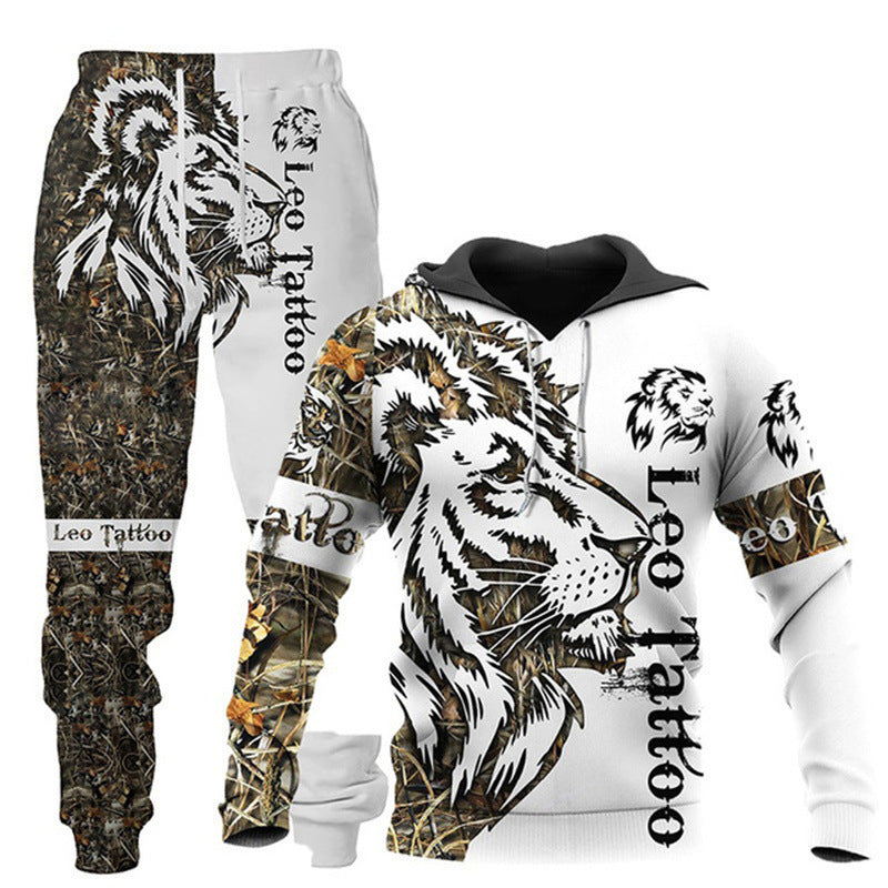 Animal-print Hooded Pullover Sweatshirt And Menswomens Sportswear Set
