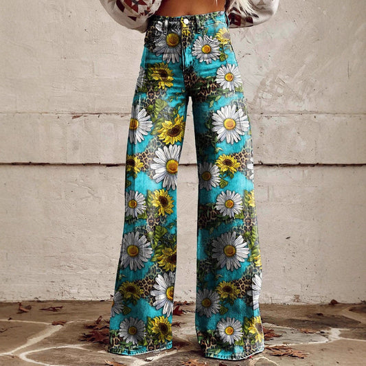 Women's Printed Flare Pants – Mid-Waist Full Length Plus Size