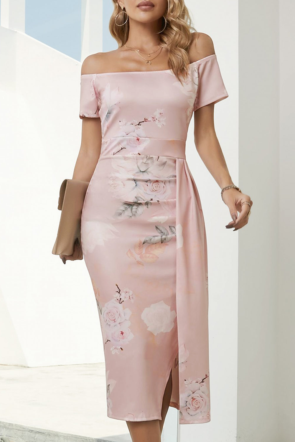 Charming Printed Off-Shoulder Midi Dress with Slit Classy & Feminine Look