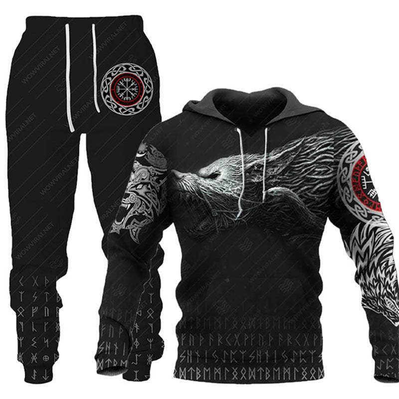 Animal-print Hooded Pullover Sweatshirt And Menswomens Sportswear Set