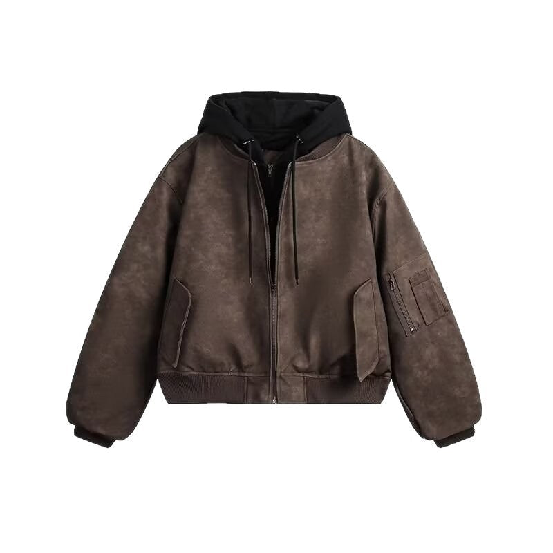 Mens Faux Two-piece Leather Jacket Cotton-padded Flight Jacket
