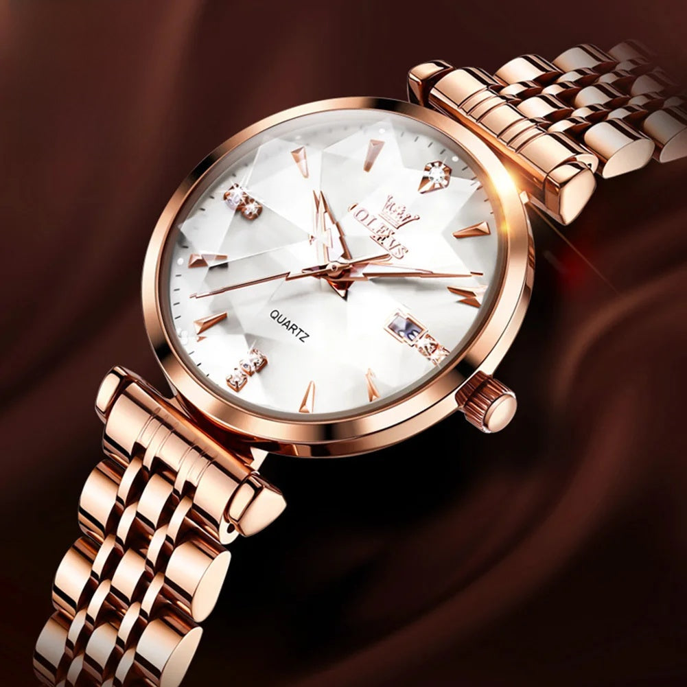 Damen-Edelstahl-Uhr Roségold Blaues Zifferblatt Zirkon