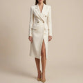 Double Breasted Gold Button Tailored Blazer Midi Dress With High Front Slit