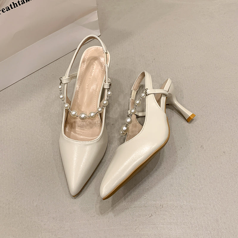 Women French Style Pearl Closed Toe Sandals, 2026 Summer New Pointed Toe Stiletto Backless High Heels, Fairy Style Single Shoes