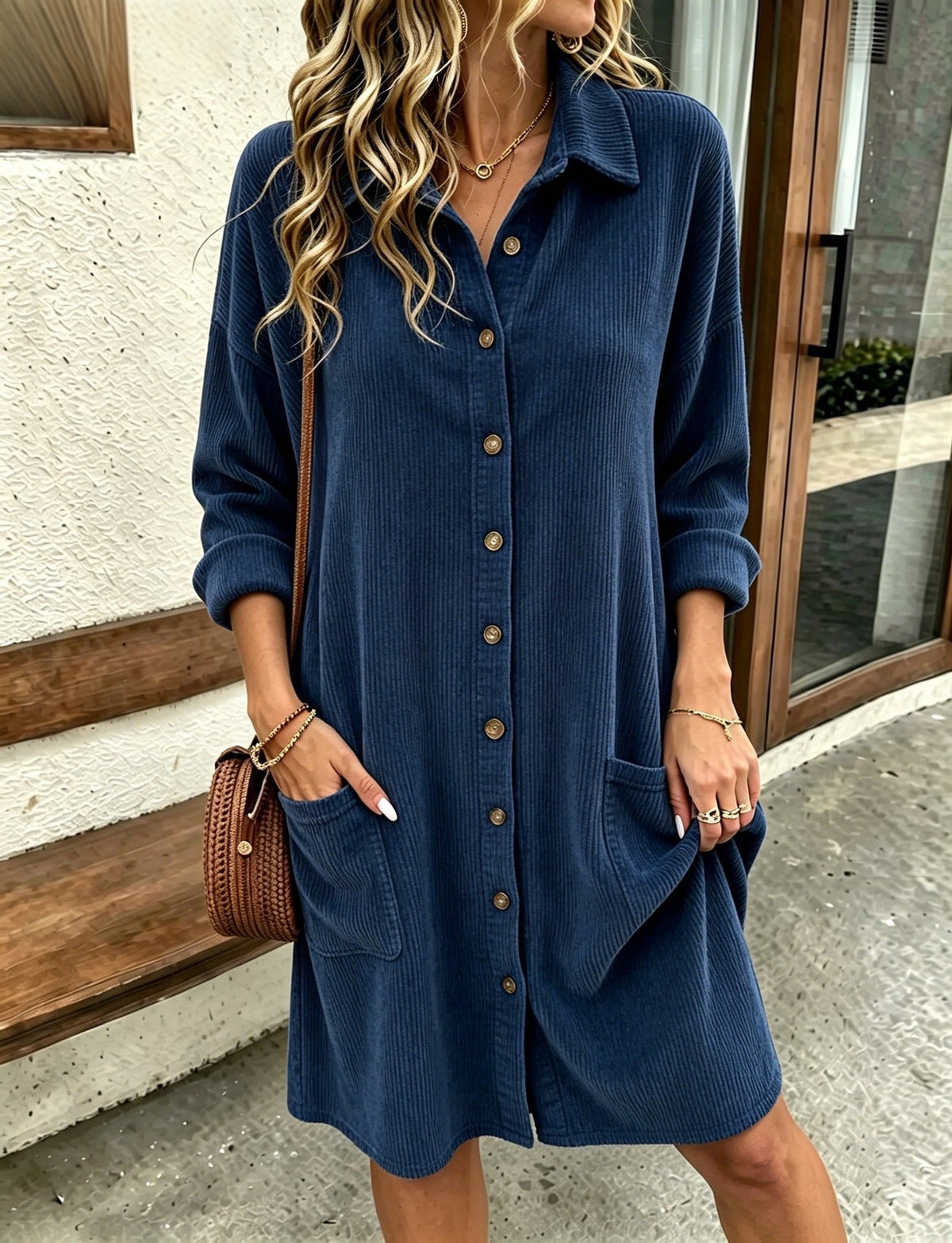 Autumn New Womens Corduroy Shirt Dress With A Turn-down Collar And Single-breasted Design