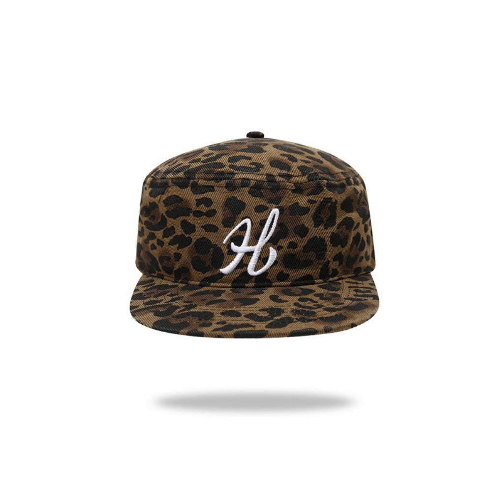 Men's And Women's Matching Leopard Print Embroidered H-Style Flat Brim Vintage Cool Outdoor Camping Weekend Party Daily Sun Protection Flat Top Hat