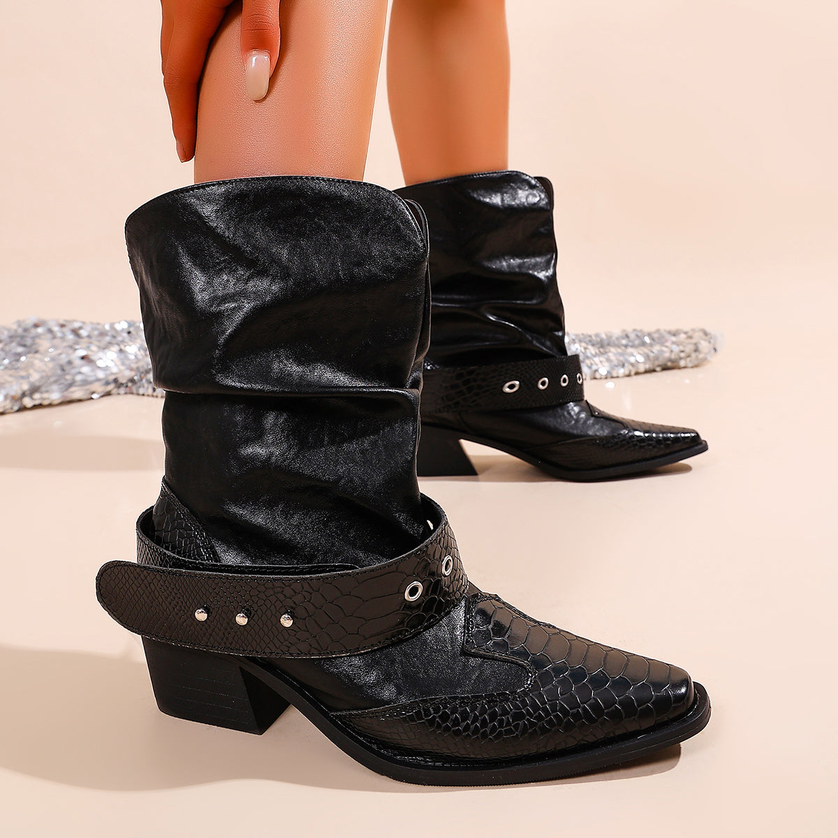 Women Stylish Ruched Western Cowboy Ankle Boots, 2026 Spring Summer Hit Style Black Slim Fit Pointed Toe Block Heel Knight Short Boots