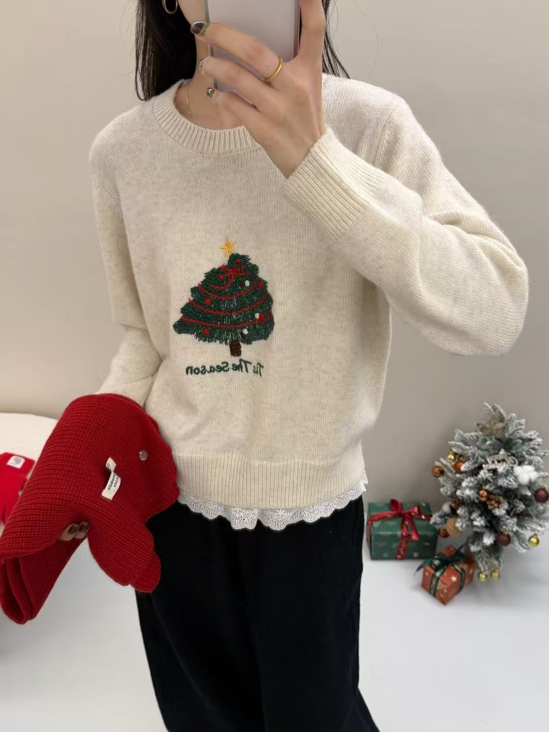 Womens Christmas Tree-Print Thermal Lace-Patchwork Sweater Preppy-Style Pullover Sweater