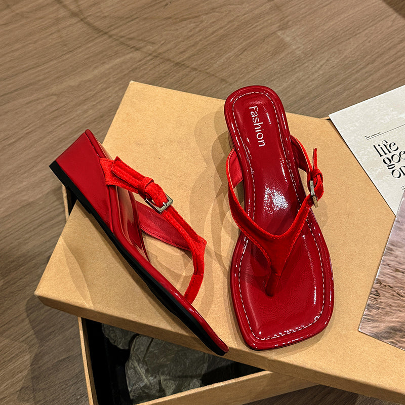 Women's French Square Toe Wedge Platform Thong Sandals For Outdoor Wear