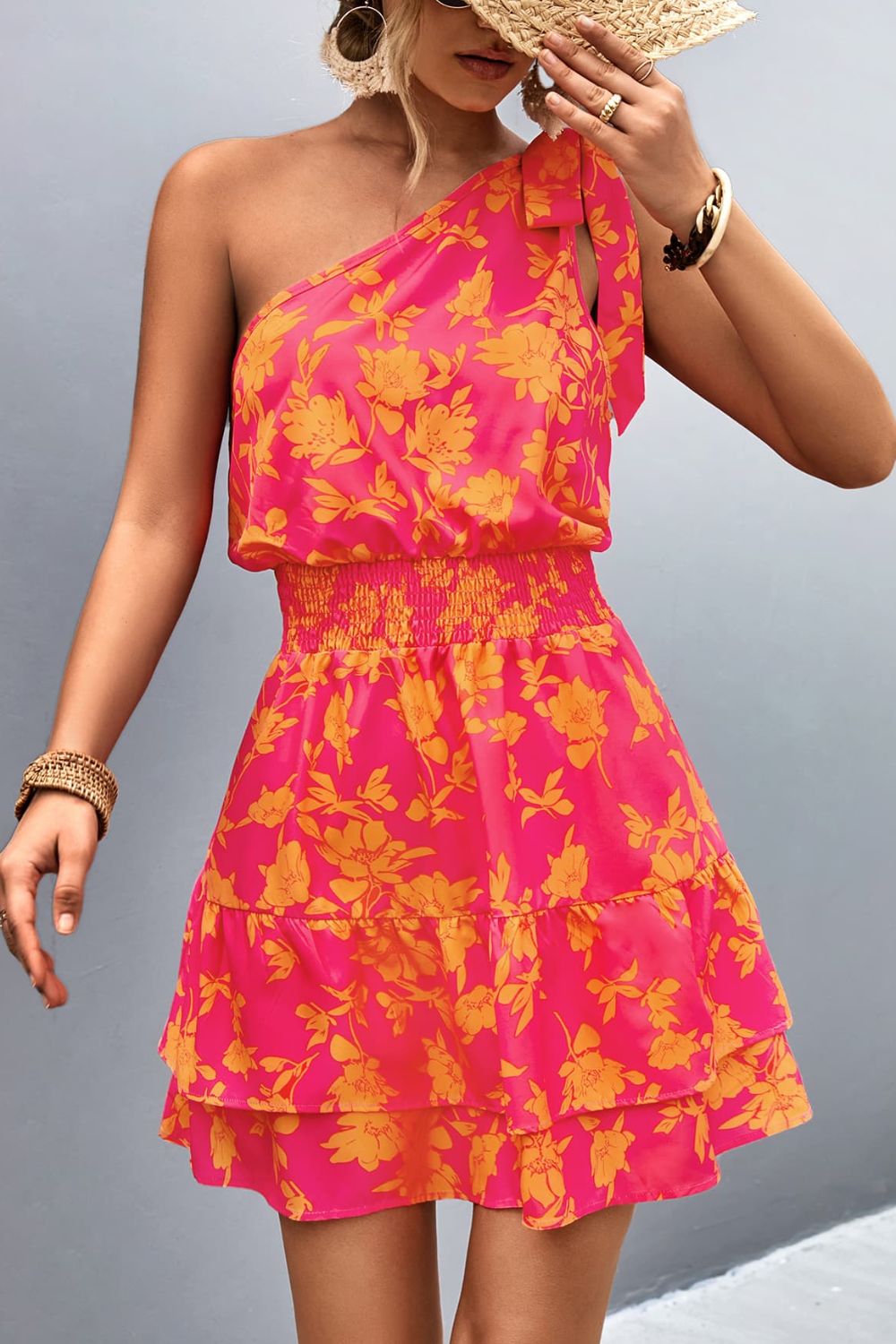 Pink Smocked Printed Single Shoulder Dress Feminine & Flattering Summer Style Dresses