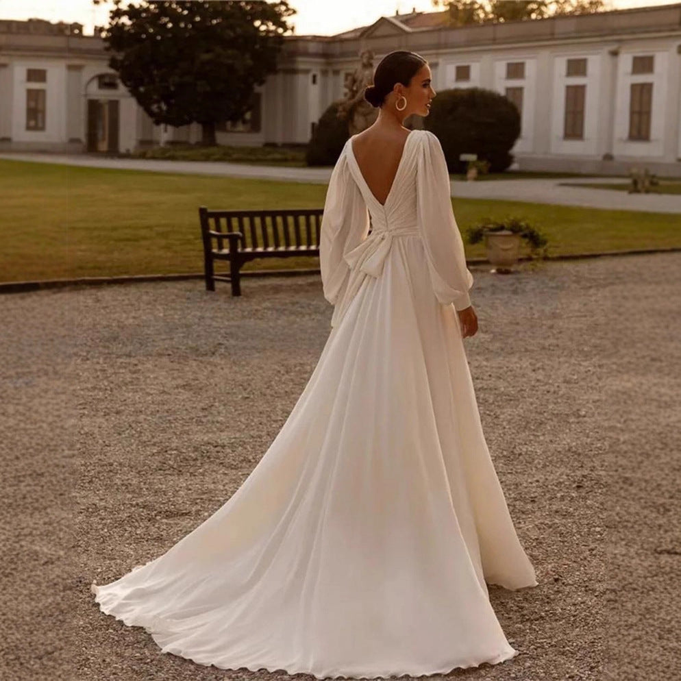 Bridal Chiffon Deep V Satin Long Sleeve Light Yarn Gown