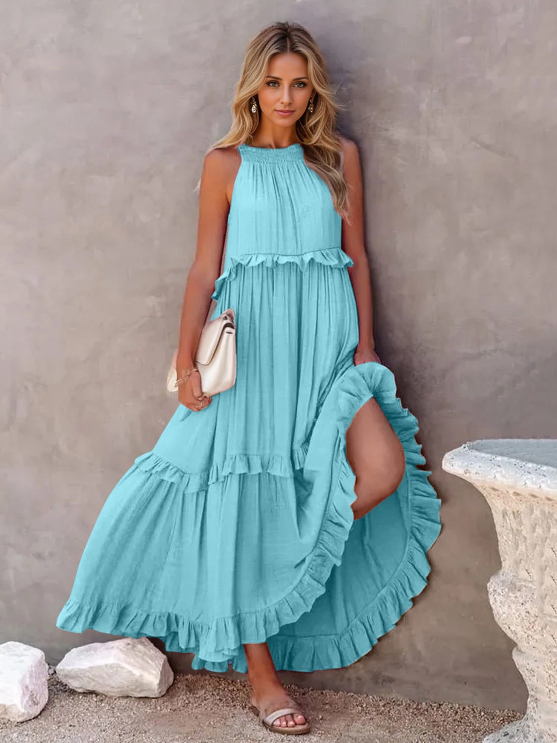Romantic Ruffled Sleeveless Tiered Maxi Dress with Pockets Elegant & Chic Statement Beautiful Design Dress