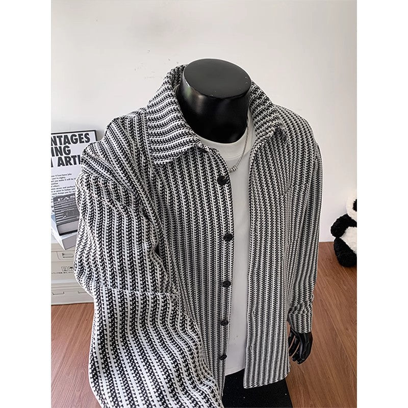 Vintage Lapel Sophisticated Striped Long-sleeve Top