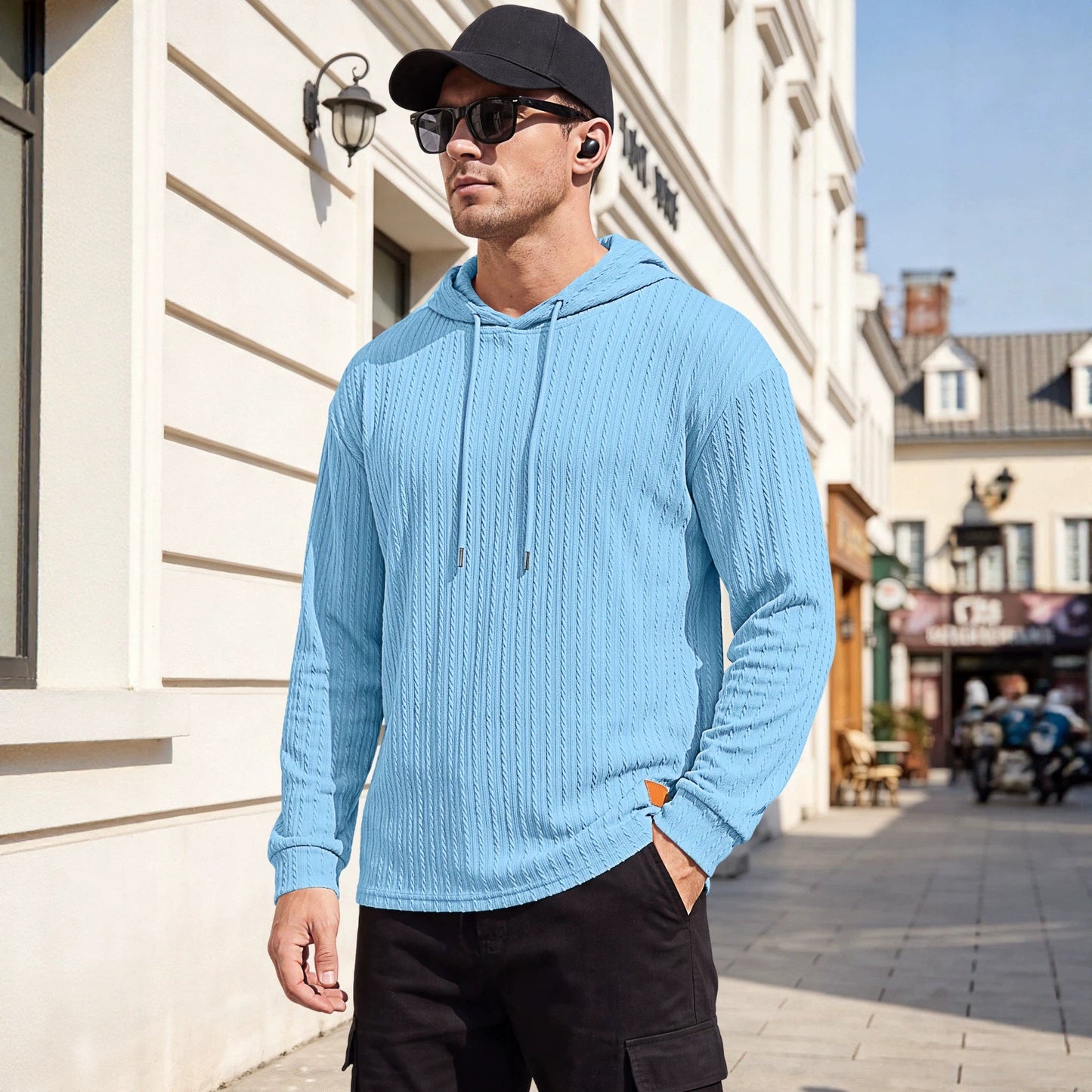 Textured Cable Knit Hooded Polo Shirt For Men, Spring & Autumn Cross-border Independent Station Item, Loose Quick-Dry Casual Knit Sweatshirt For Foreign Trade